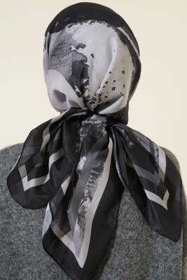 Şerit Geçişli Desen Detaylı Eşarp Siyah - Başörtüsü