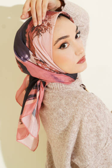 Şerit Geçişli Desen Detaylı Eşarp Somon - Başörtüsü