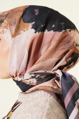 Şerit Geçişli Desen Detaylı Eşarp Sütlü Kahve - Başörtüsü