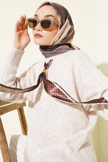 Şerit Geçişli Desen Detaylı Eşarp Vizon - Başörtüsü
