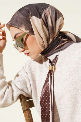 Şerit Geçişli Desen Detaylı Eşarp Vizon - Başörtüsü