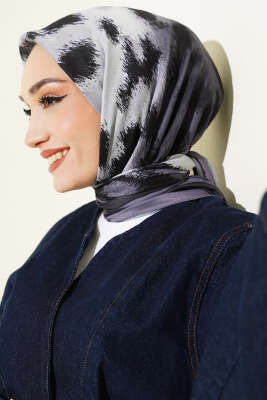 Şerit Geçişli Desenli Bambu Eşarp Füme - MODA KAŞMİR