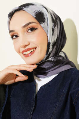 Şerit Geçişli Desenli Bambu Eşarp Füme - Başörtüsü