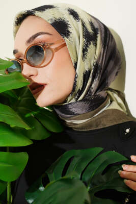 Şerit Geçişli Desenli Bambu Eşarp Haki - MODA KAŞMİR