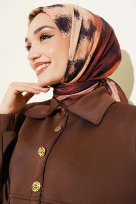 Şerit Geçişli Desenli Bambu Eşarp Kahve - Başörtüsü