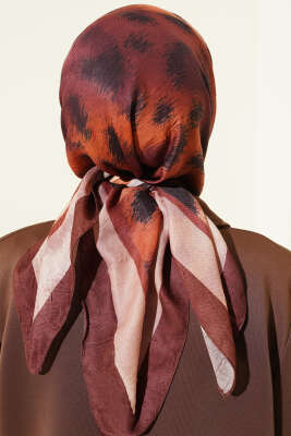 Şerit Geçişli Desenli Bambu Eşarp Kahve - Başörtüsü