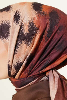 Şerit Geçişli Desenli Bambu Eşarp Kahve - Başörtüsü