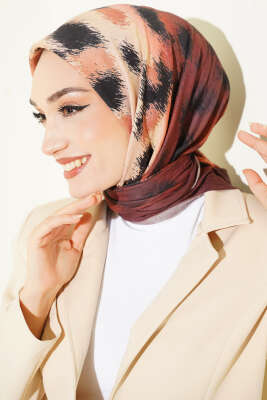 Şerit Geçişli Desenli Bambu Eşarp Kestane - Başörtüsü