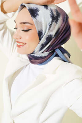 Şerit Geçişli Desenli Bambu Eşarp Lacivert - MODA KAŞMİR