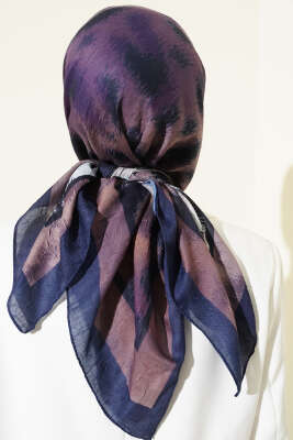 Şerit Geçişli Desenli Bambu Eşarp Lacivert - Başörtüsü