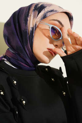 Şerit Geçişli Desenli Bambu Eşarp Morcivert - MODA KAŞMİR