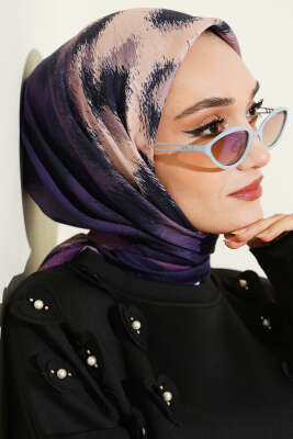 Şerit Geçişli Desenli Bambu Eşarp Morcivert - Başörtüsü