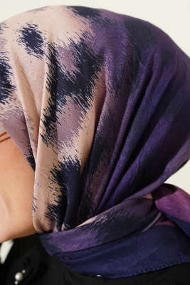 Şerit Geçişli Desenli Bambu Eşarp Morcivert - Başörtüsü