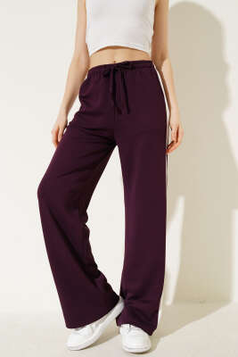 Şerit Geçişli İp Bağcıklı Pantolon Mürdüm - Kadın Giyim Modelleri