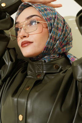 Şerit Geçişli Motifli Eşarp Bej Yeşil 