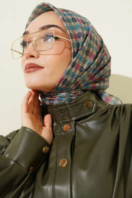 Şerit Geçişli Motifli Eşarp Bej Yeşil - Başörtüsü