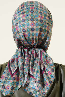 Şerit Geçişli Motifli Eşarp Bej Yeşil - Başörtüsü