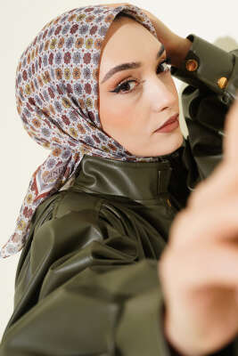 Şerit Geçişli Motifli Eşarp Ekru 