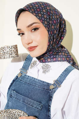 Şerit Geçişli Motifli Eşarp Lacivert 