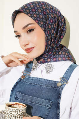 Şerit Geçişli Motifli Eşarp Lacivert - Başörtüsü