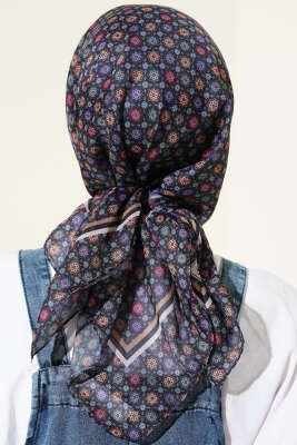 Şerit Geçişli Motifli Eşarp Lacivert - Başörtüsü