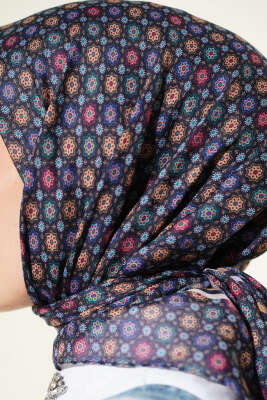 Şerit Geçişli Motifli Eşarp Lacivert - Başörtüsü