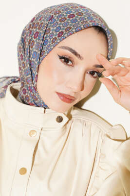 Şerit Geçişli Motifli Eşarp Petrol Mavi - Başörtüsü