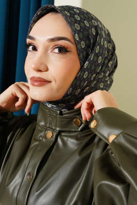 Şerit Geçişli Motifli Eşarp Zümrüt - Başörtüsü