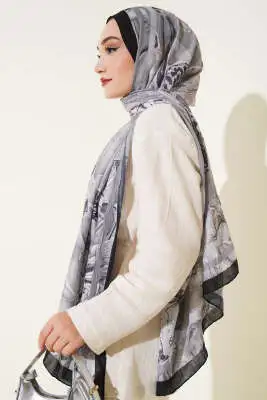 Şerit Geçişli Otantik Desenli Şal Siyah - Başörtüsü