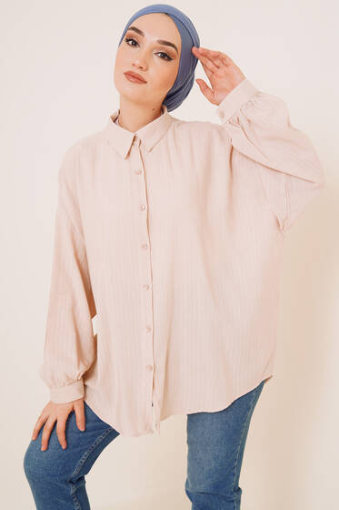 Şerit İşleme Desenli Gömlek Bej - Gömlek