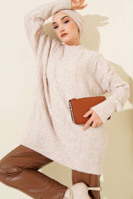 Şerit Örgülü Yumoş Triko Tunik Bej 