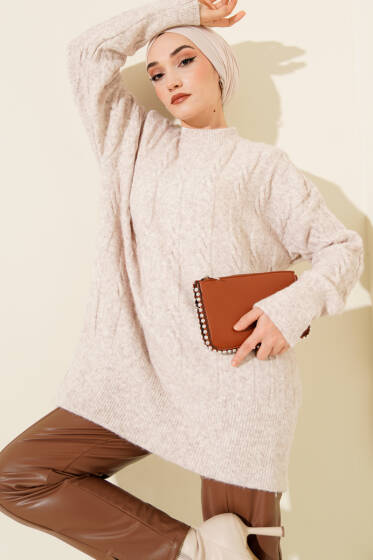 Şerit Örgülü Yumoş Triko Tunik Bej - Tunik