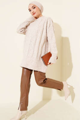 Şerit Örgülü Yumoş Triko Tunik Bej - Tunik