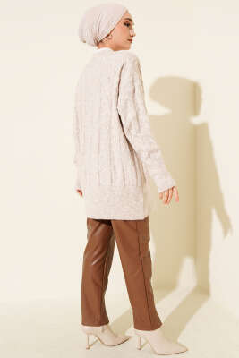 Şerit Örgülü Yumoş Triko Tunik Bej - Tunik