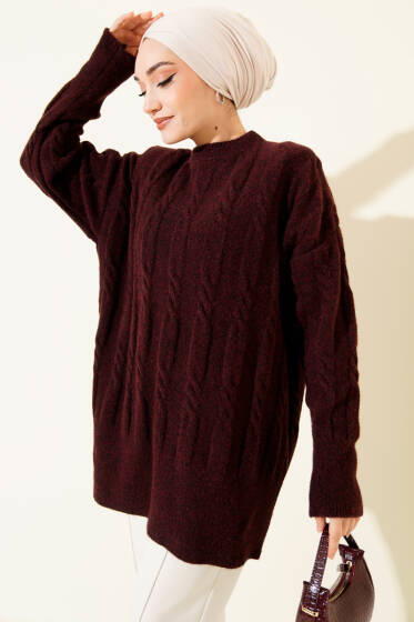 Şerit Örgülü Yumoş Triko Tunik Bordo - Tunik