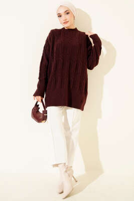 Şerit Örgülü Yumoş Triko Tunik Bordo - Tunik