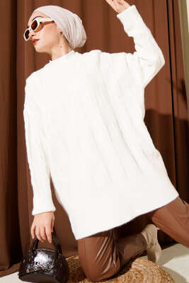 Şerit Örgülü Yumoş Triko Tunik Ekru 