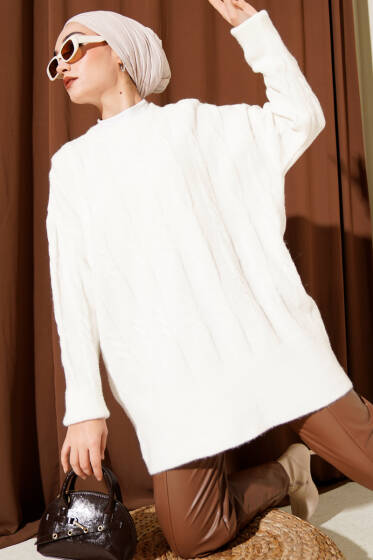 Şerit Örgülü Yumoş Triko Tunik Ekru - Tunik