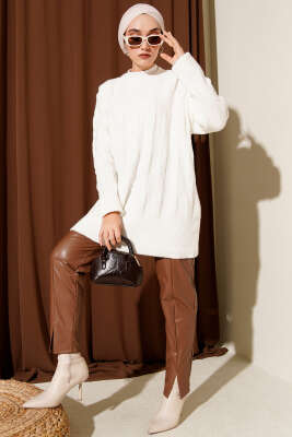 Şerit Örgülü Yumoş Triko Tunik Ekru - Tunik