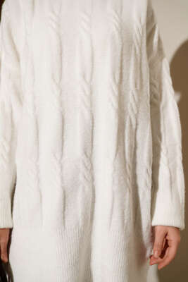 Şerit Örgülü Yumoş Triko Tunik Ekru - Tunik