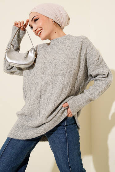 Şerit Örgülü Yumoş Triko Tunik Gri - Tunik