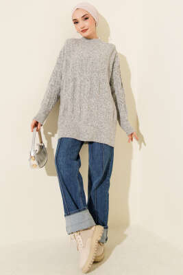 Şerit Örgülü Yumoş Triko Tunik Gri - Tunik