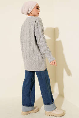 Şerit Örgülü Yumoş Triko Tunik Gri - Tunik