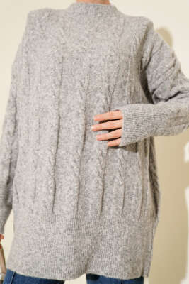 Şerit Örgülü Yumoş Triko Tunik Gri - Tunik