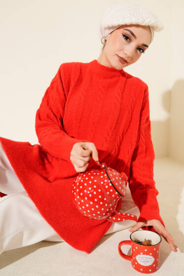 Şerit Örgülü Yumoş Triko Tunik Kırmızı - Tunik