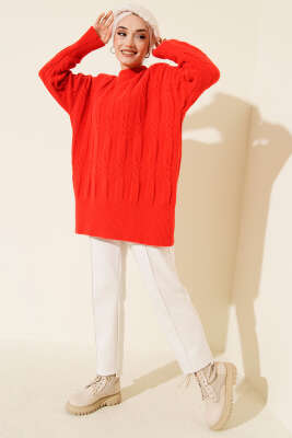 Şerit Örgülü Yumoş Triko Tunik Kırmızı - Tunik