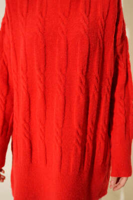 Şerit Örgülü Yumoş Triko Tunik Kırmızı - Tunik