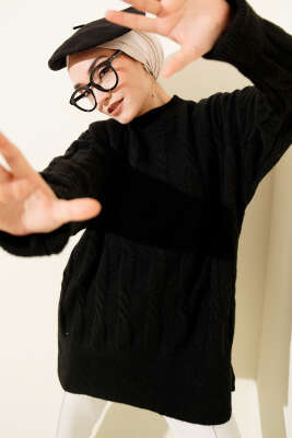 Şerit Örgülü Yumoş Triko Tunik Siyah - VANİZA TRİKO