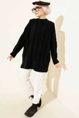 Şerit Örgülü Yumoş Triko Tunik Siyah - Tunik