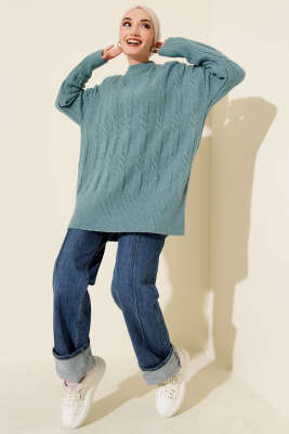 Şerit Örgülü Yumoş Triko Tunik Turkuaz - Tunik